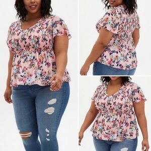Torrid Peplum Chiffon Clip Dot Smocked Top Multicolored Floral Print S 6X